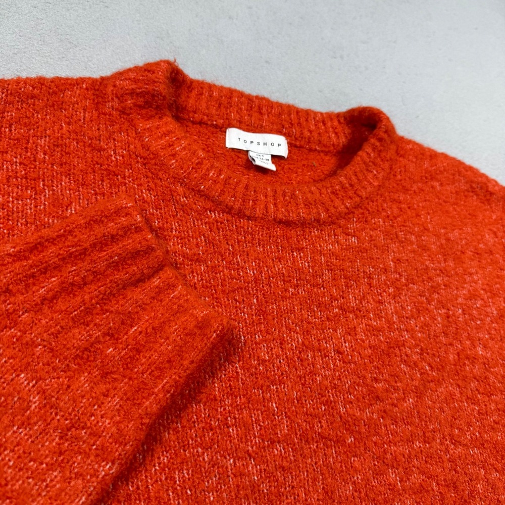 Topshop Orange Cropped Crewneck Sweater Wool Blend Boucle Knit Womens Small